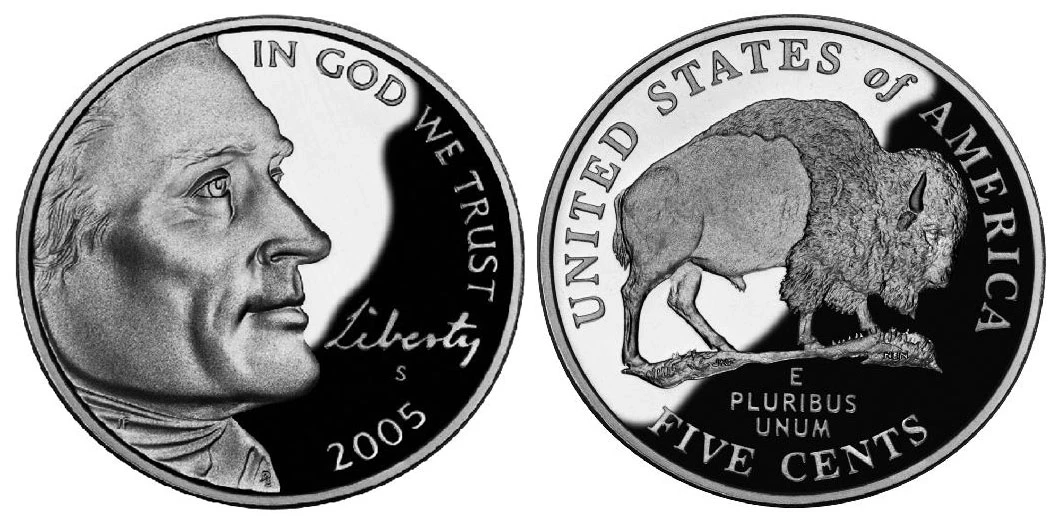 A picture of the 2005 P Jefferson Nickel featuring the American bison on the reverse side with detailed fur texture and a raised mound beneath its hooves.
