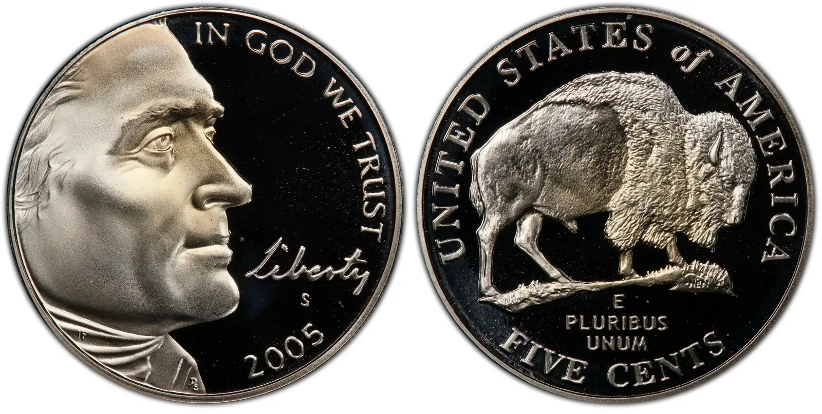 A picture of the 2005-S Proof Bison nickel, showcasing its deep cameo finish and mirror-like background.