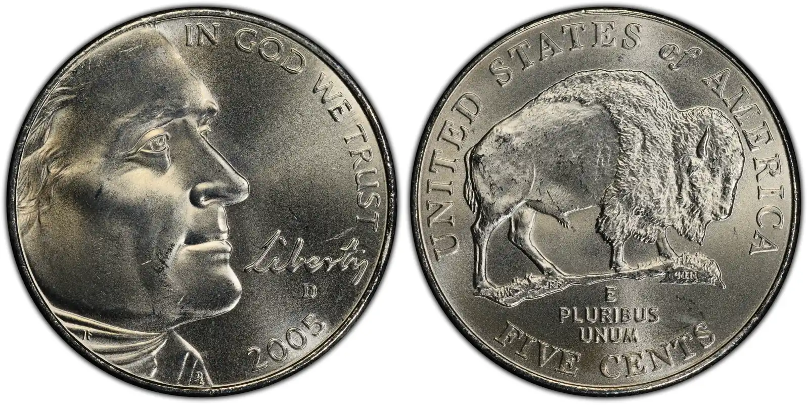 A picture of the 2005-D Bison nickel in satin finish, known for its crisp strike and special mint set quality.