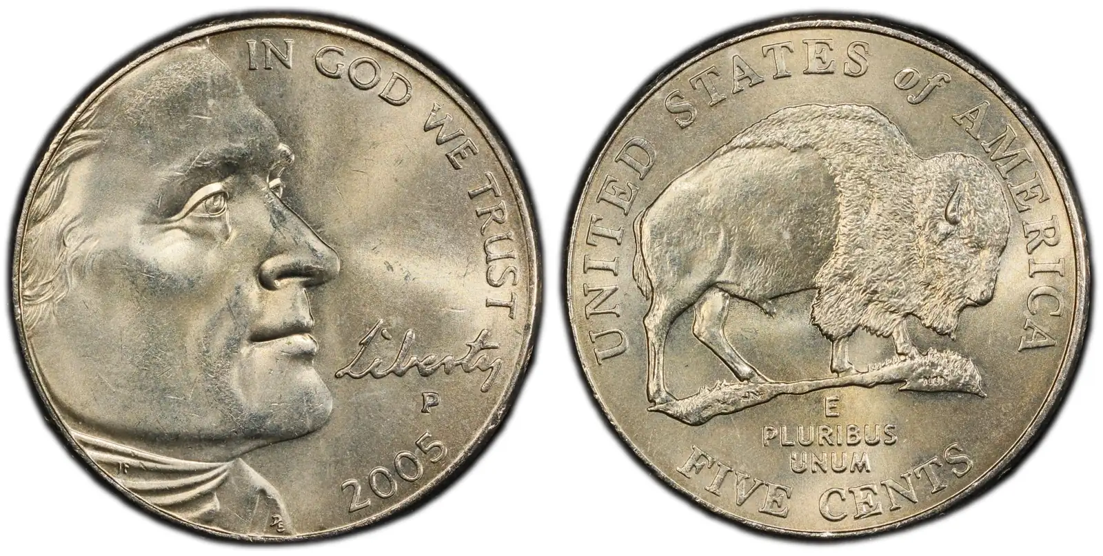 A picture of the 2005-P Bison nickel from the Philadelphia Mint, showing a worn surface with visible nicks and a weak strike.