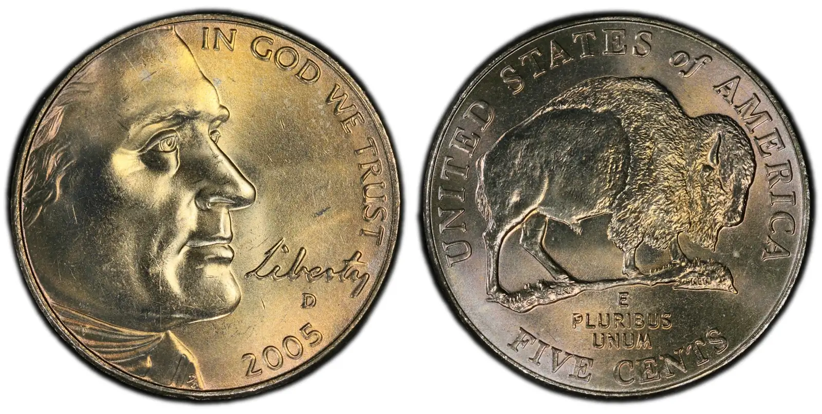 A picture of the 2005-D Bison nickel from the Denver Mint, featuring a well-defined design with minimal circulation wear.