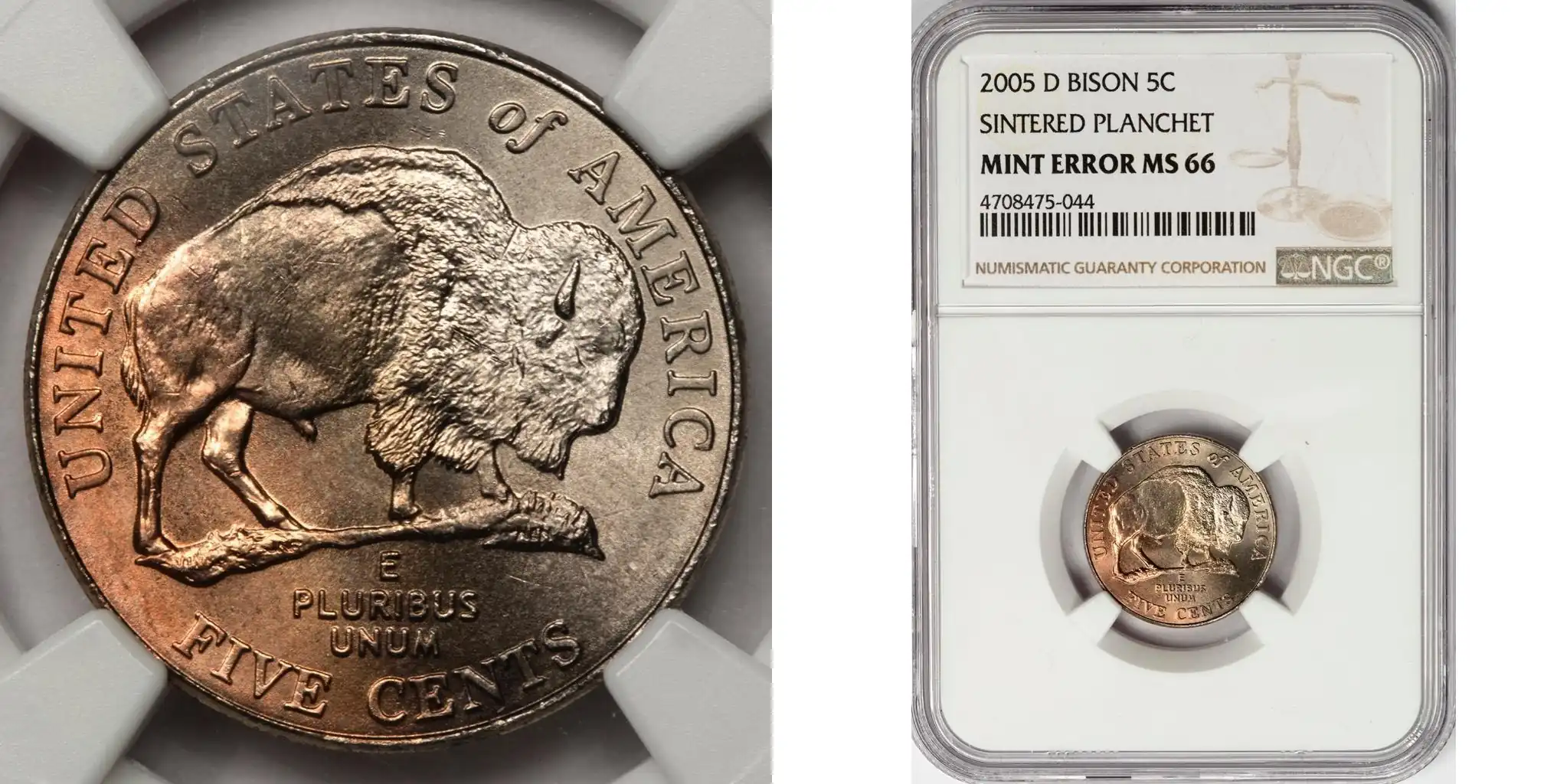 A picture of the 2005-D Buffalo nickel with a dark, mottled surface caused by an annealing error during production.